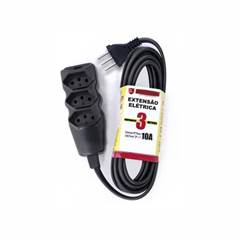 EXTENSÃO 01,5 METROS PRETA 3 TOMADAS 2 PINO + TERRA PP 10A 250V